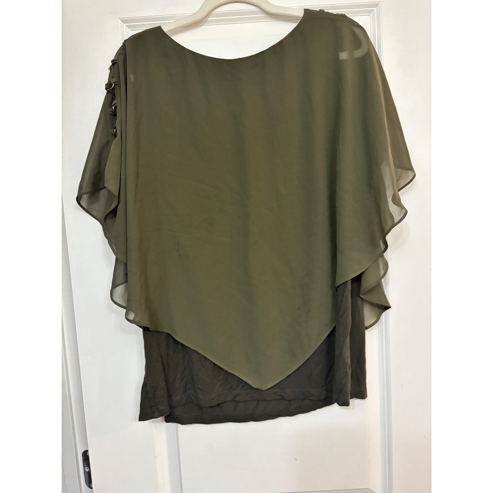 ALYX Womens Olive Green Layered Handkerchief Hem Chiffon Top Ring Shoulder 1X - Picture 4 of 7